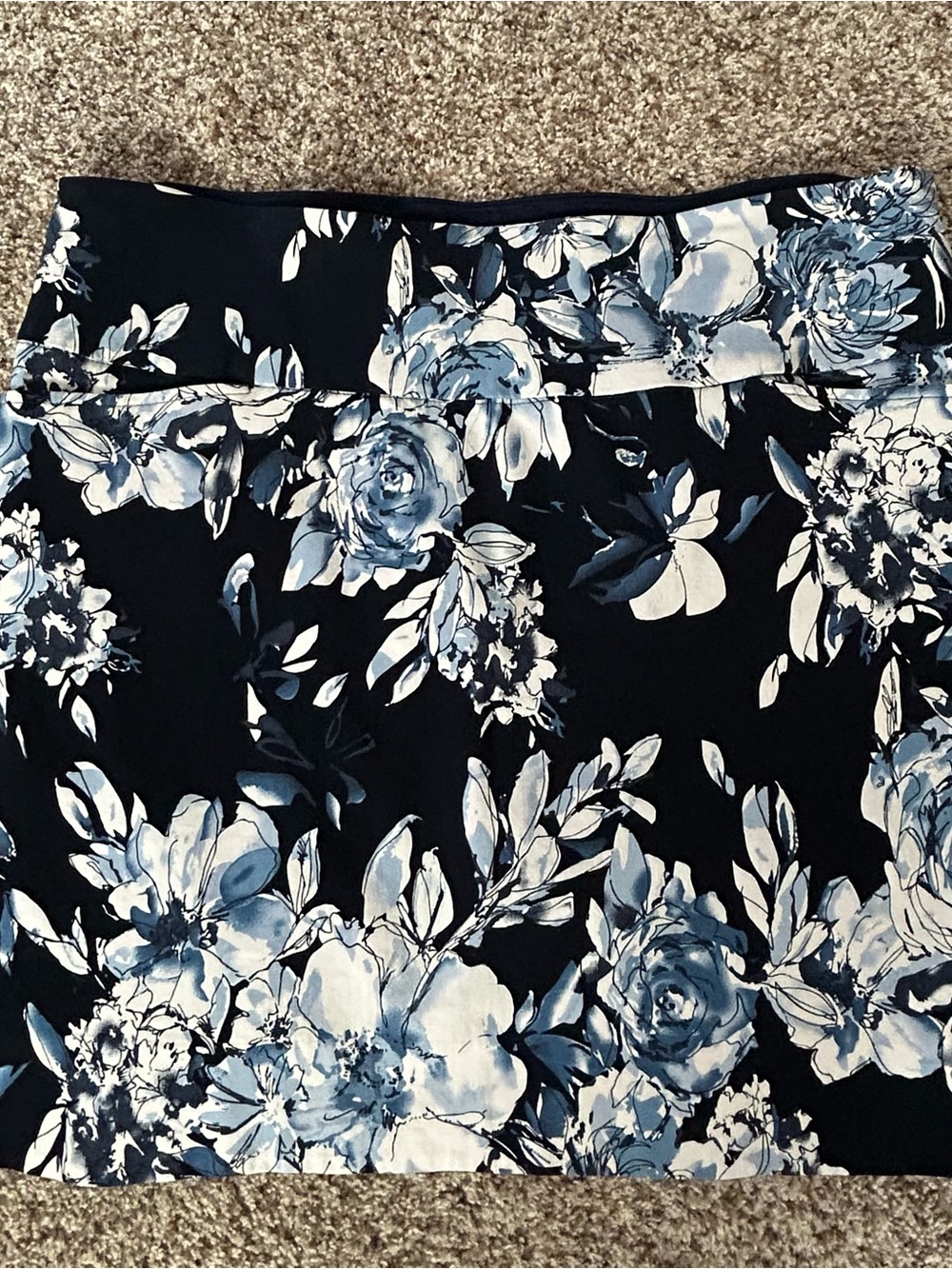 Floral Black Pencil Skirt with Blue & White Blooms